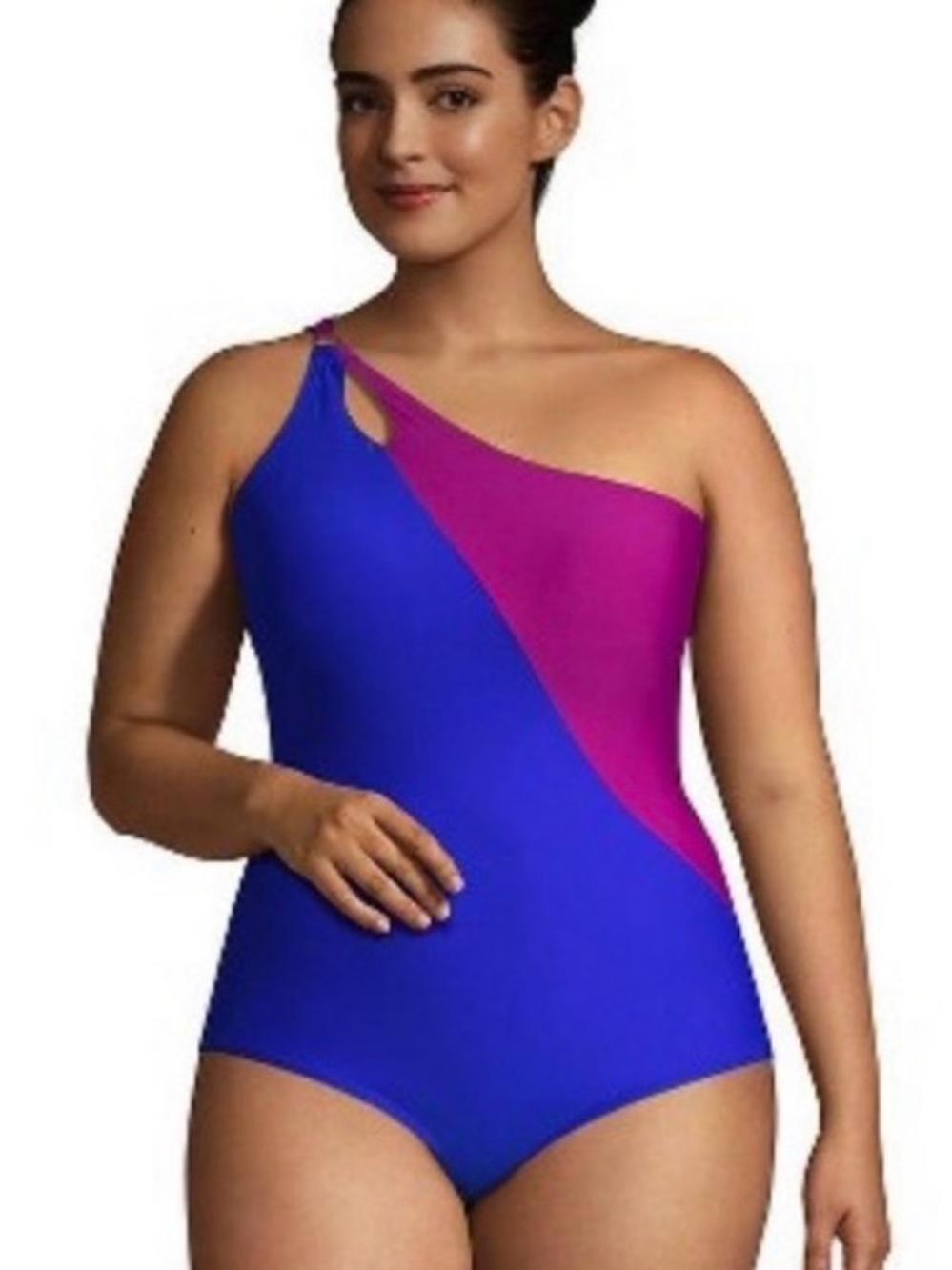 Lands End Fuchsia & Blue One Shoulder Colorblock One Piece Swimsuit Size 18W